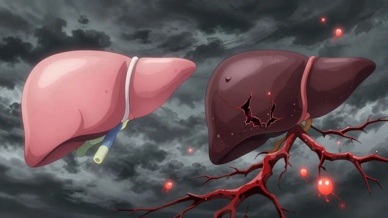 Split liver: one healthy, one scarred with crimson fibrosis under stormy skies.