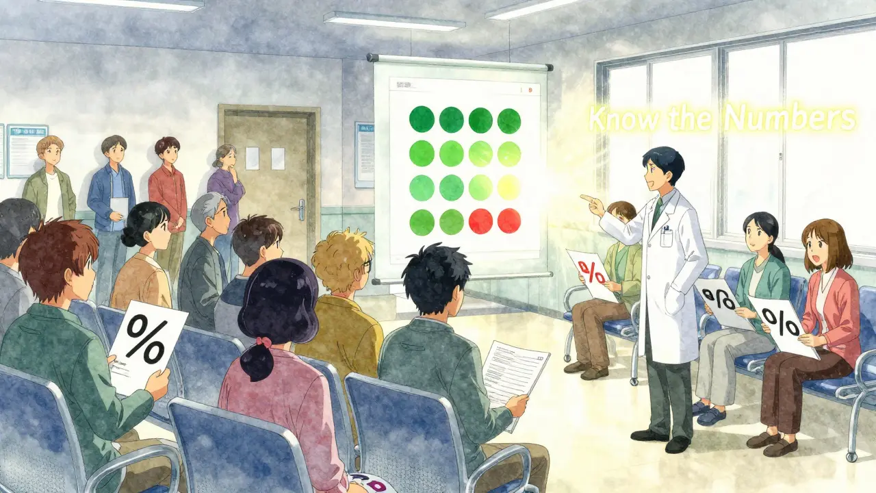 Split scene: chaotic hospital with drug ads vs calm room with clear dot pictograms showing real risk, patient smiling in understanding.