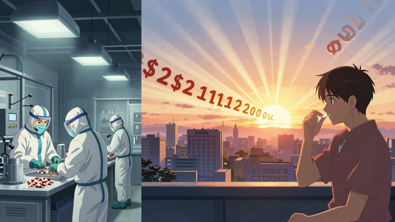 Split scene: generic drug production in India and a patient taking it in the U.S., with  trillion in savings radiating outward.