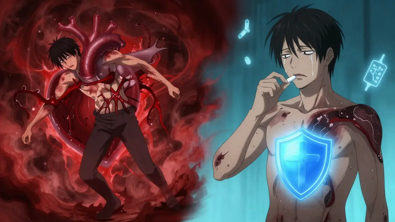 Split scene: one side shows internal bleeding, the other a protective shield as someone takes medication.
