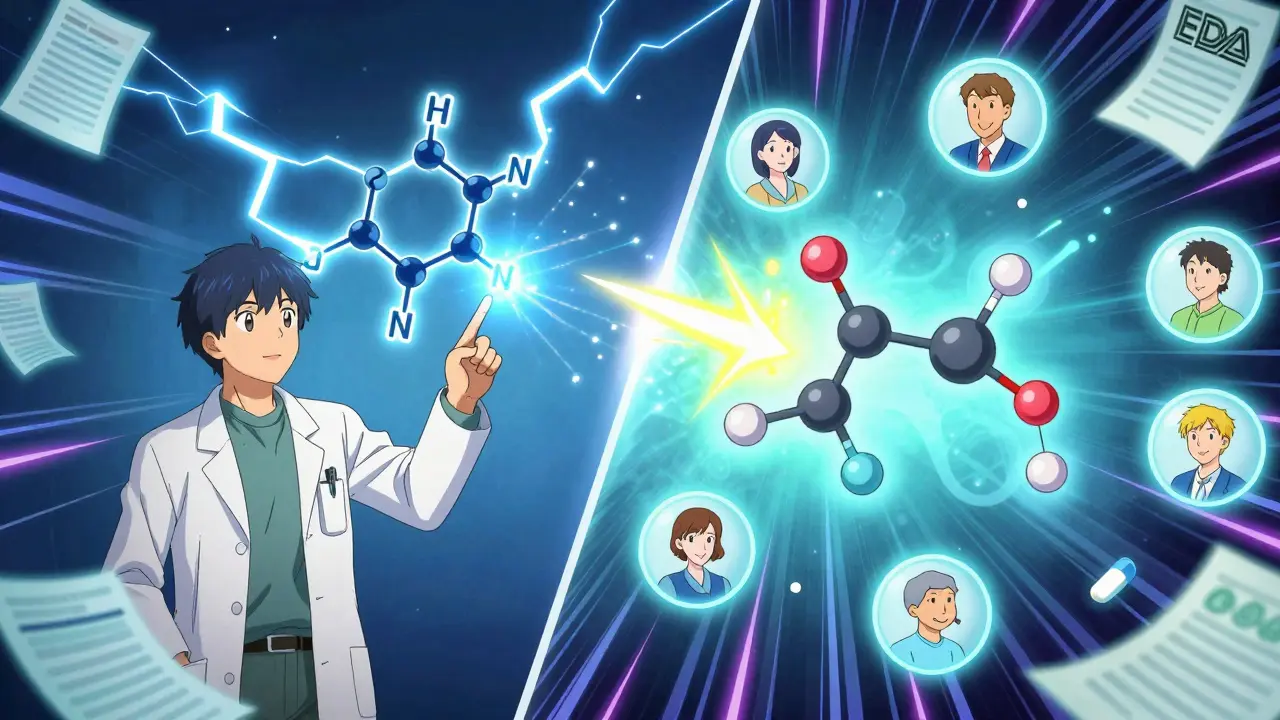 Split scene: reactive sulfa antibiotic molecule sparking vs. inert one, medical icons floating around.