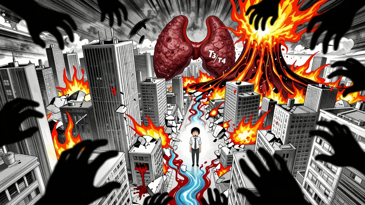 Surreal mental landscape of a body in thyroid storm with collapsing organs and volcanic thyroid eruption.