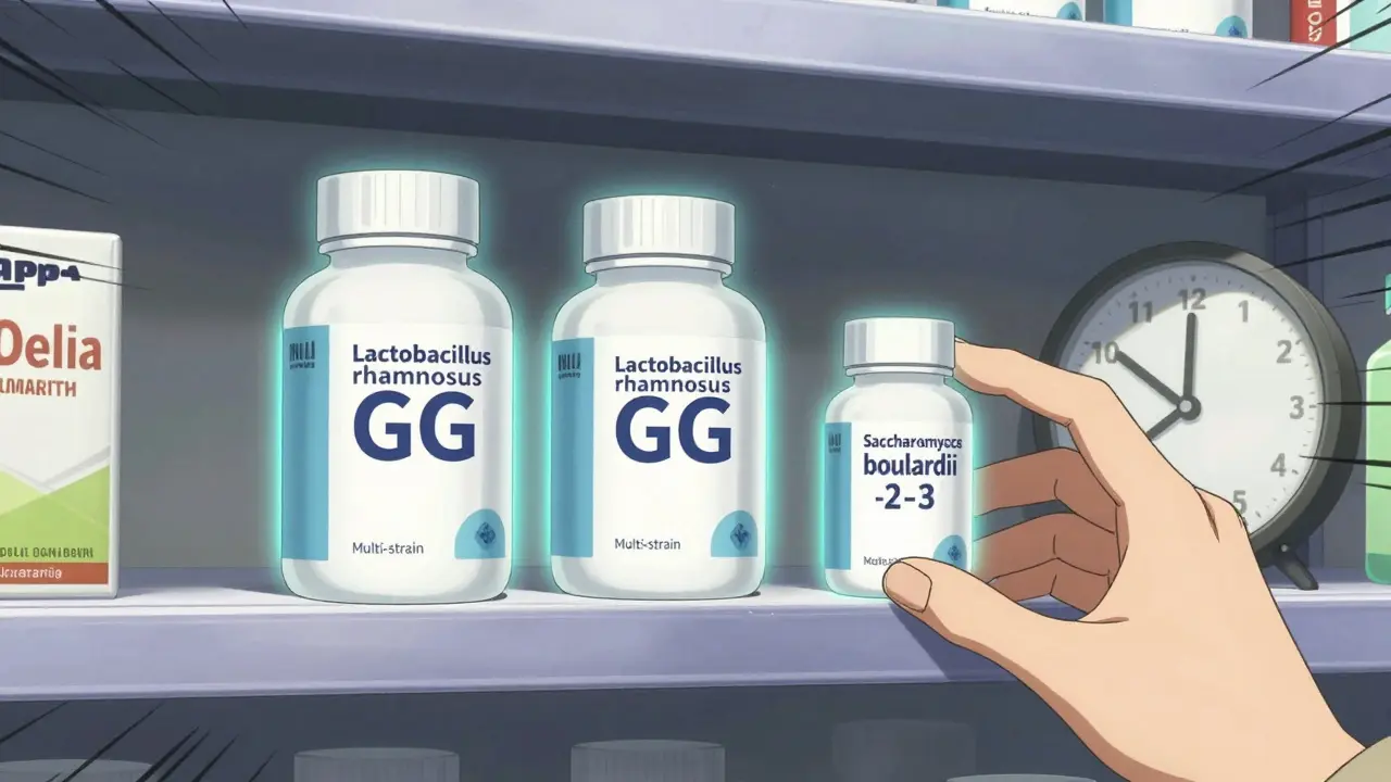 Three probiotic supplements glowing on a pharmacy shelf with a clock showing the 2–3 hour gap from antibiotics.