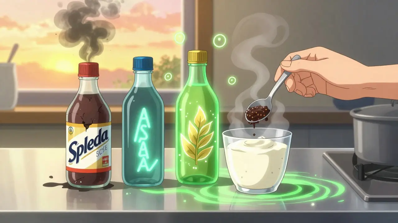 Three sweetener bottles on a counter, with stevia glowing warmly beside yogurt and protein shake, symbolizing healthier choice.