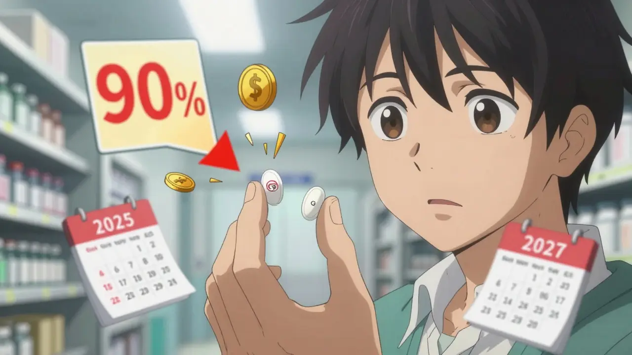 Two identical pills float side by side, surrounded by data visuals showing dramatic price drops and biosimilar breakthroughs.