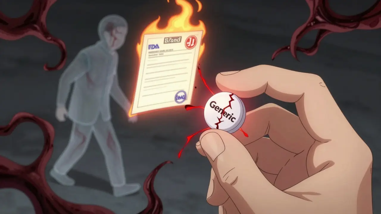 Two pills side by side — one cracked and emitting dark energy — while a glowing appeal letter hovers above, symbolizing therapeutic failure and fight for brand medication.