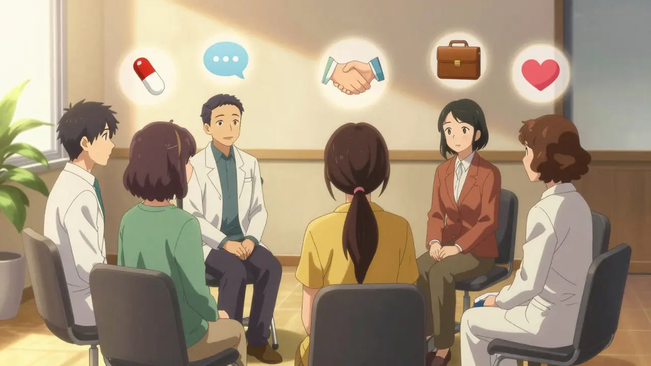 A diverse care team sits in a circle with a young adult, symbolizing collaborative treatment for first-episode psychosis.