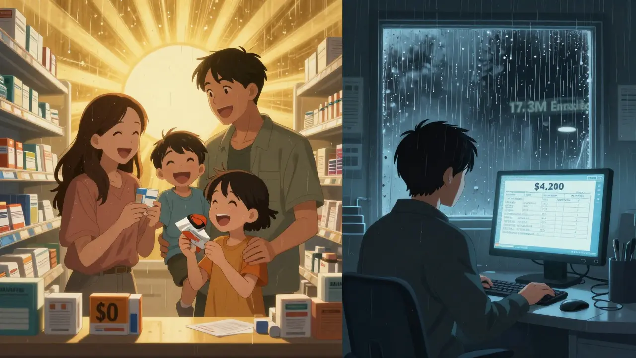 A family happy at a pharmacy versus a lone person facing a huge tax bill, split scene with warm and cold lighting.
