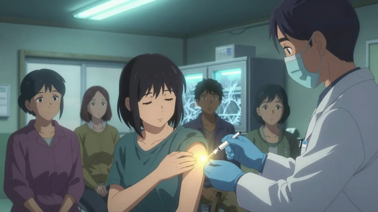 A healthcare worker administers a long-acting HIV injection in a quiet rural clinic, with soft glowing light at the injection site.