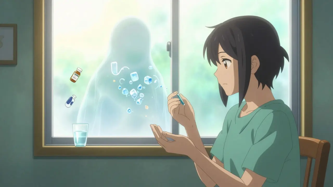 A patient peacefully taking medication as a tophus dissolves in sunlight, symbolizing long-term gout control.