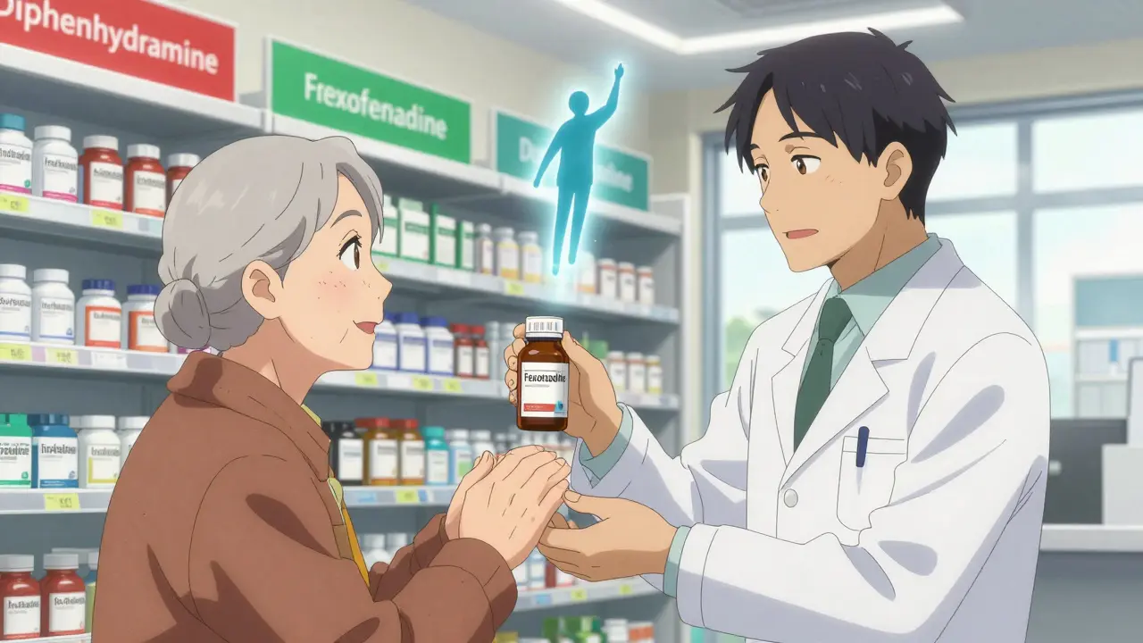 A pharmacist handing fexofenadine to an elderly couple in a bright pharmacy, with contrasting medication labels in the background.
