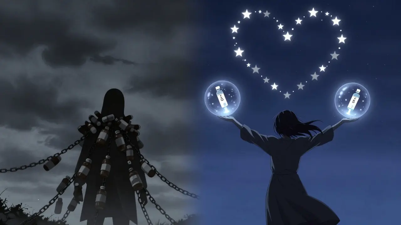 A symbolic contrast between the burden of daily pills and the freedom of twice-yearly injections under starlit skies.