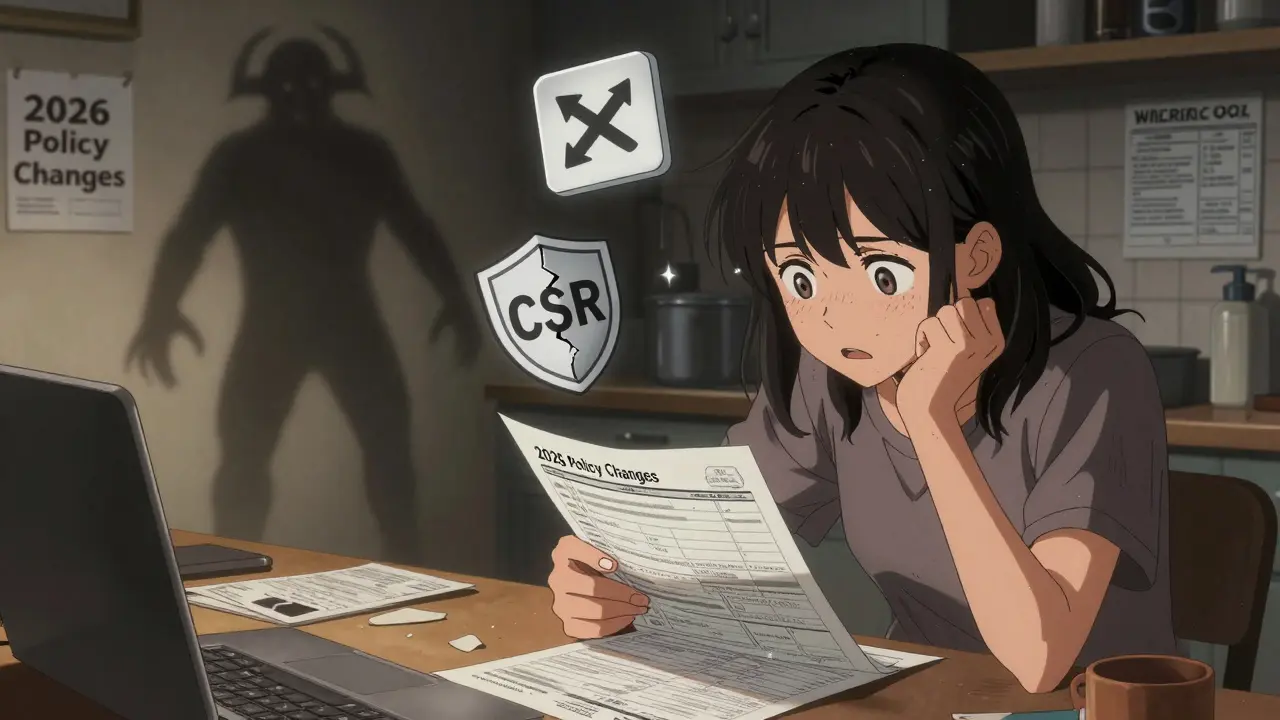 A woman reviewing income forms as a shadowy monster labeled '2026 Policy Changes' looms over her.