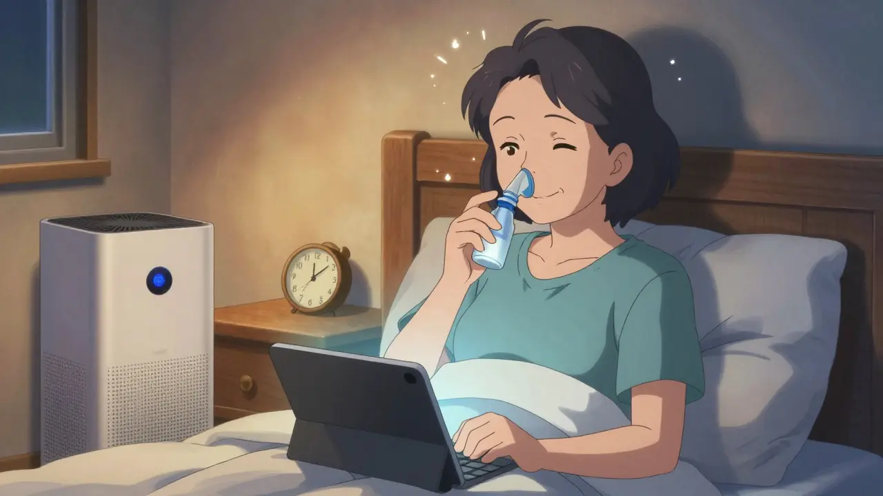 An older woman using a nasal rinse in her bedroom, surrounded by air purifier and allergen-proof bedding, calm and alert.