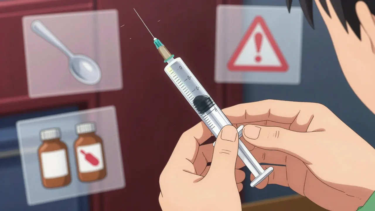 Child's hand holding a dosing syringe, measuring liquid medicine with precise meniscus alignment.