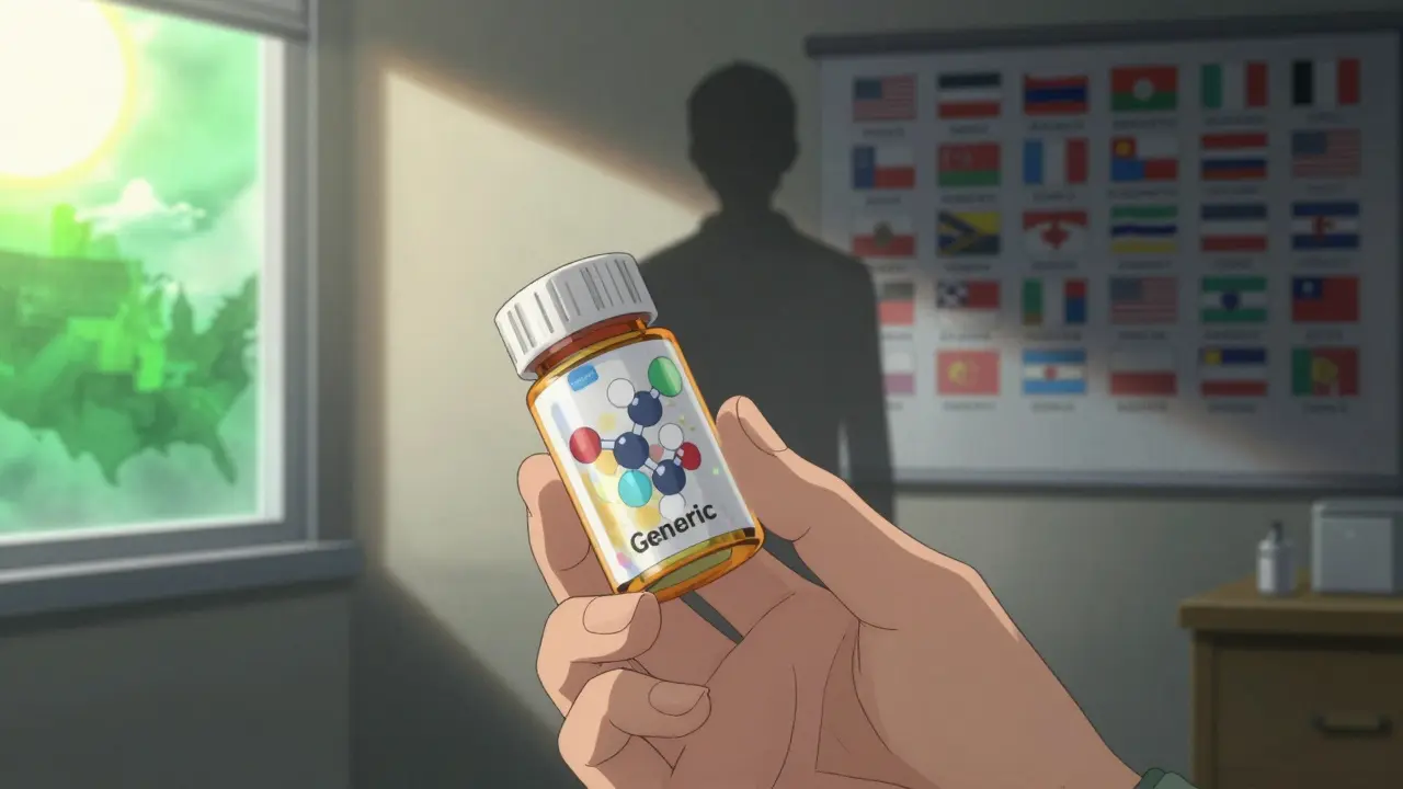 Close-up of a pill bottle with molecular structures overlay, showing brand vs. generic differences, while state rules fade into the background.