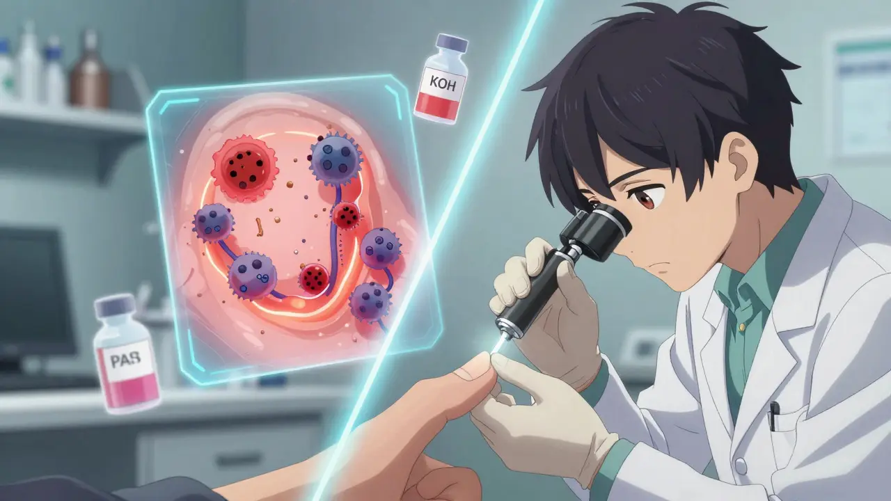 Dermatologist examining a nail with floating diagnostic overlays of fungal growth and immune attack.