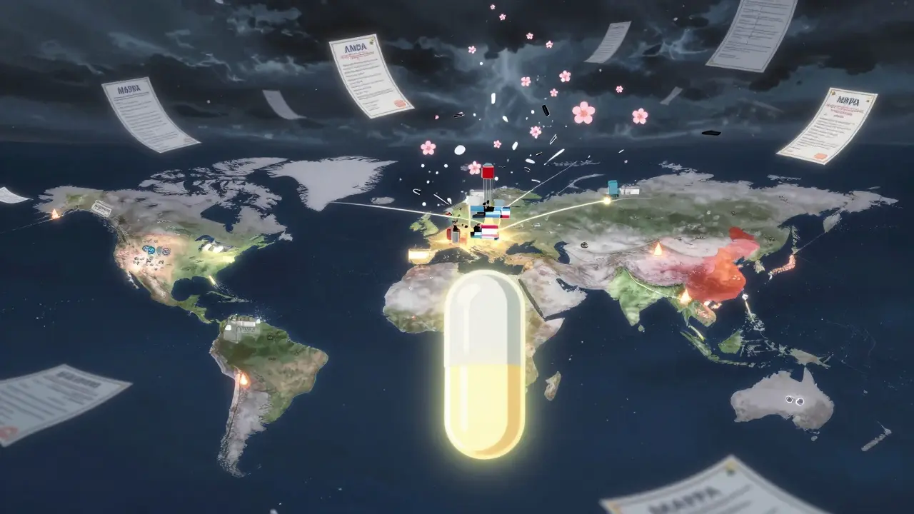 Global supply chain map with ANDA certificates drifting as a single generic pill glows steadily