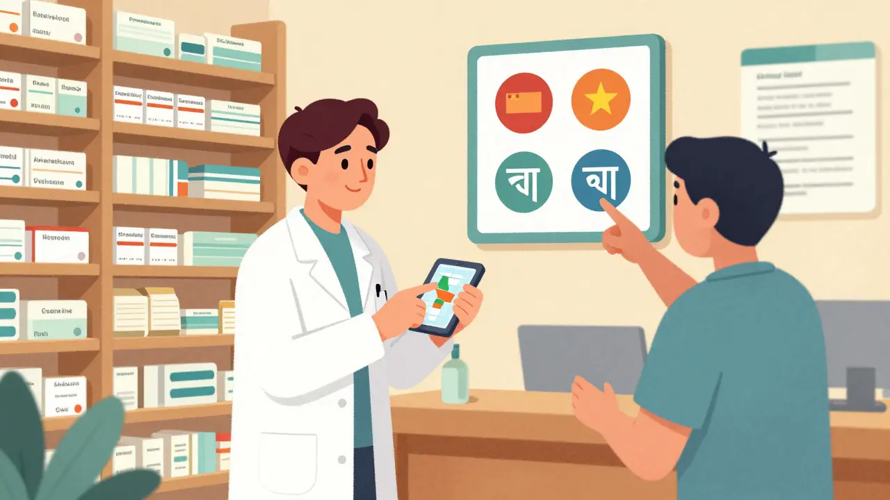 Pharmacist and patient at NYC pharmacy with language symbols on sign and tablet map.