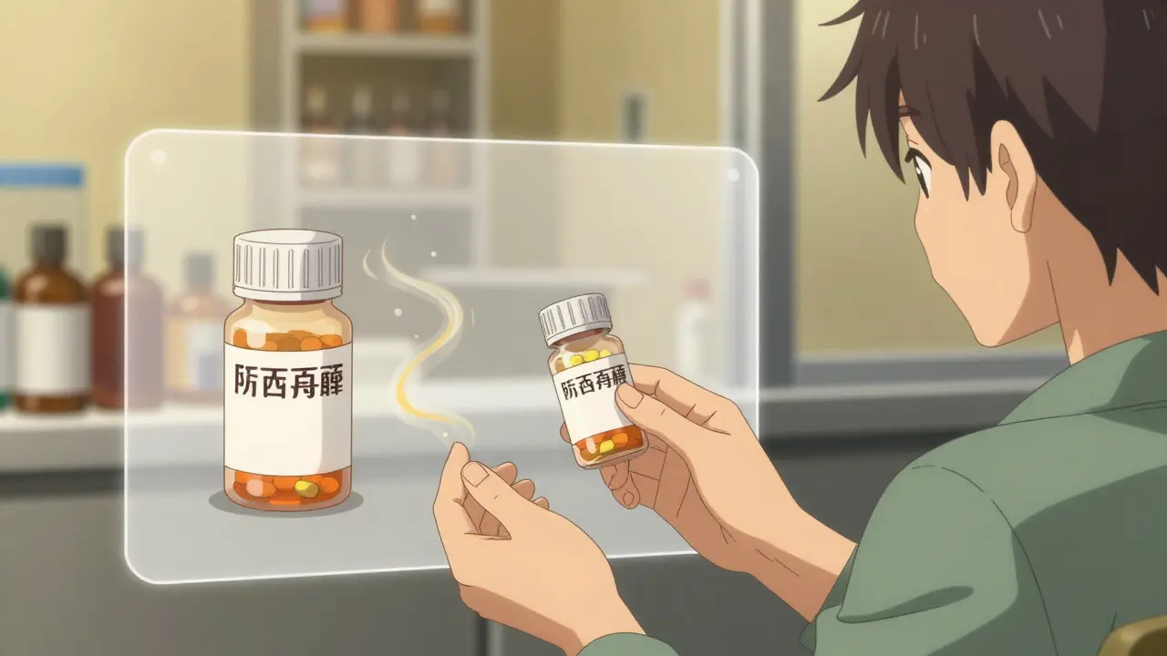 Pharmacist handing a prescription bottle to a patient, with transparent view of identical manufacturing inside.