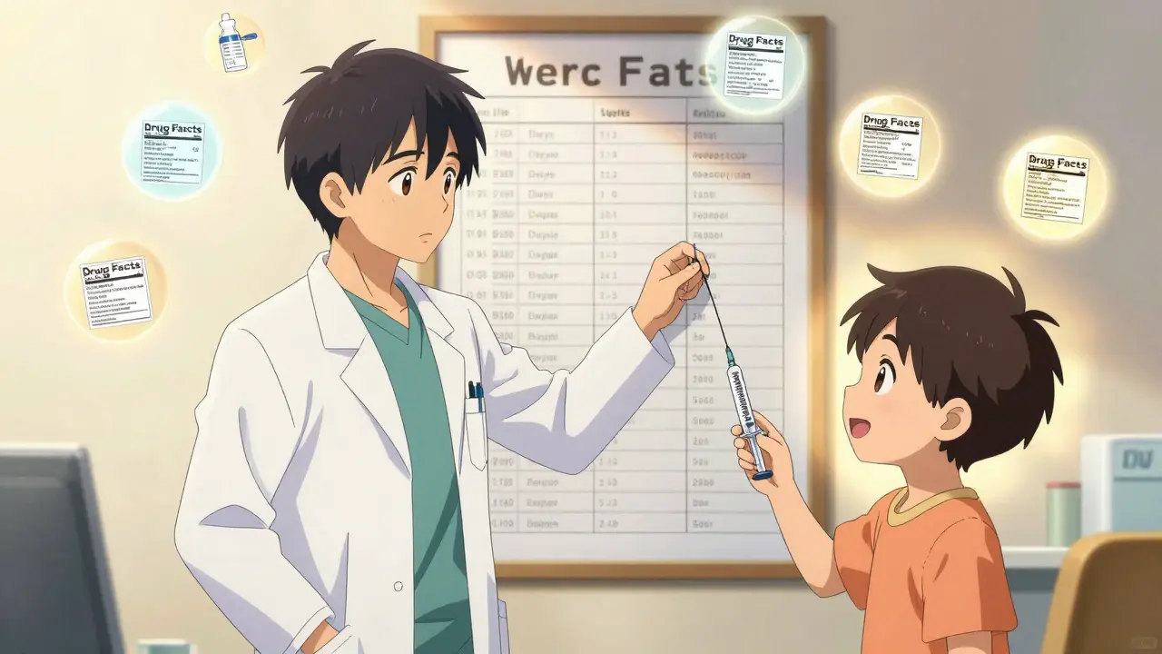 Pharmacist marking a syringe with a pediatrician as a child watches calmly in a clinic.