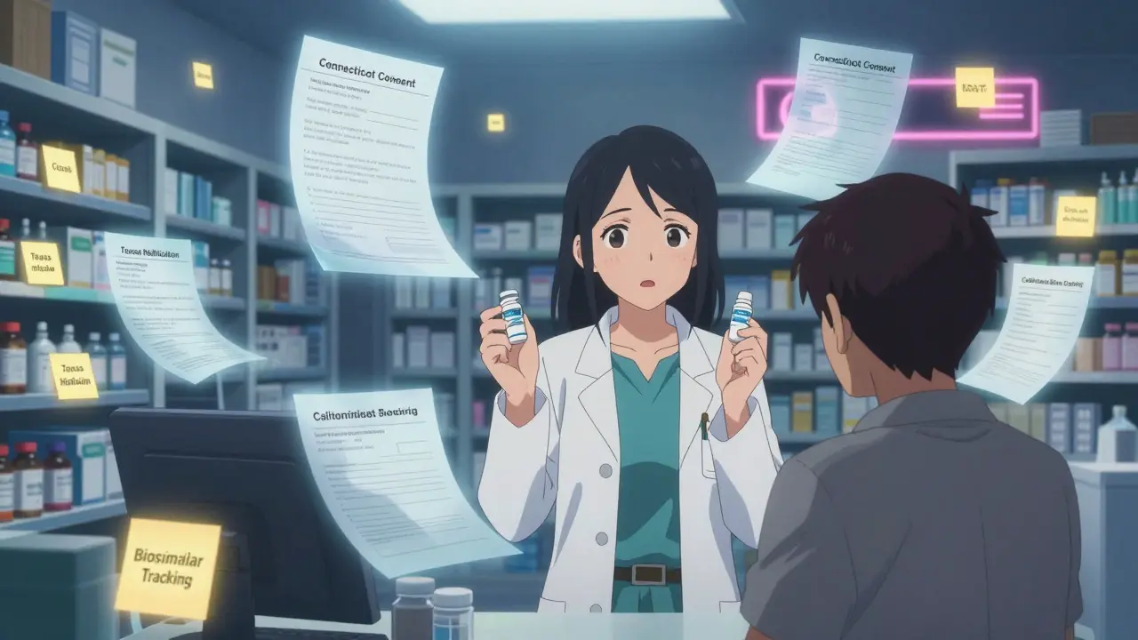 Pharmacist surrounded by floating legal documents for different states, holding generic and brand-name pills while a patient looks confused.