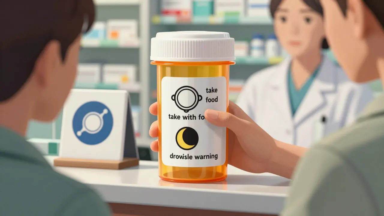 Prescription bottle with pictograms for 'take with food' and 'drowsiness', pharmacist explaining.