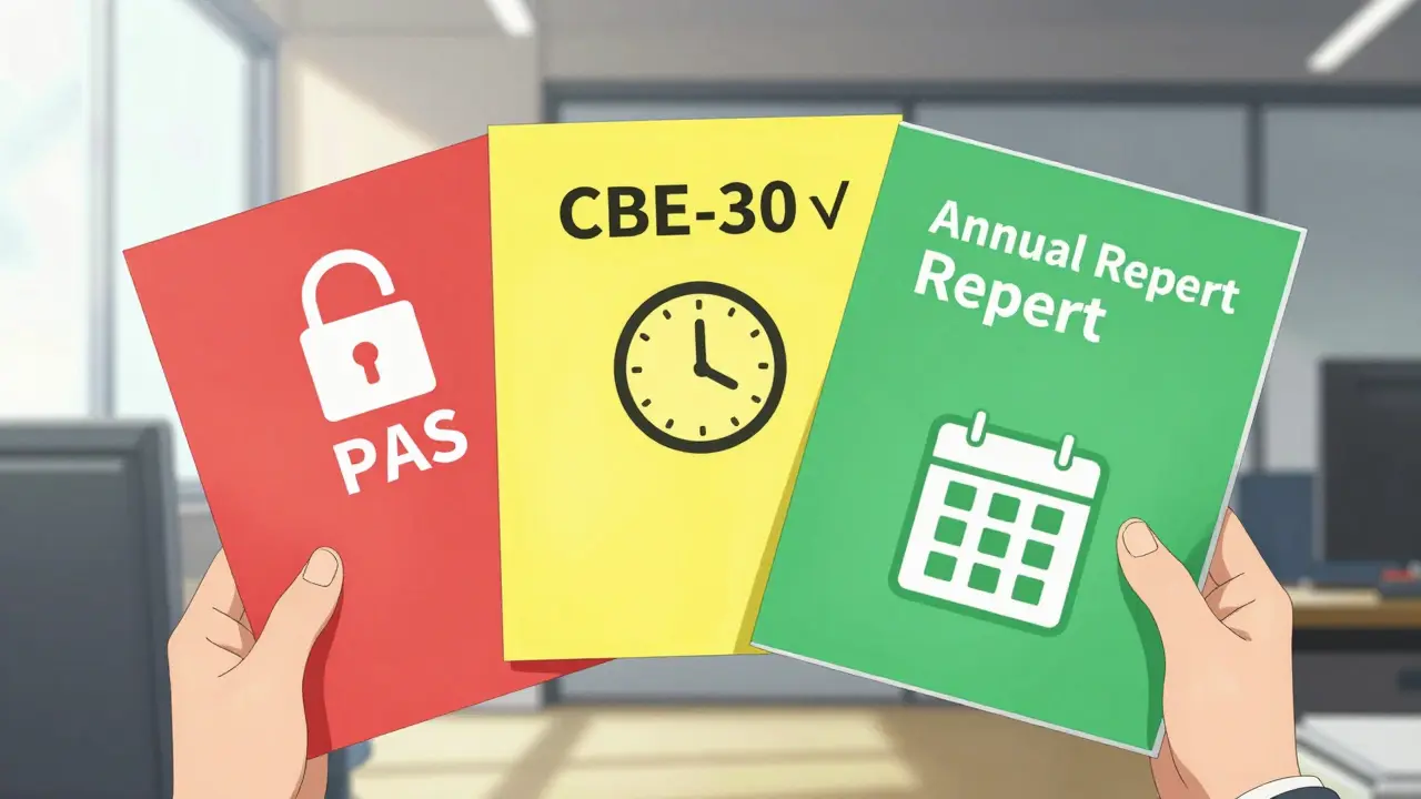 Regulatory specialist reviewing color-coded change documents in anime office setting