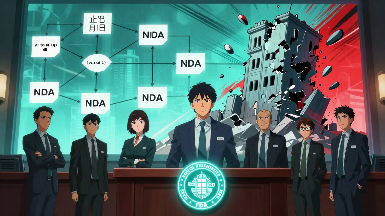 Regulatory team standing before an FDA emblem as an abbreviated approval pathway glows behind them