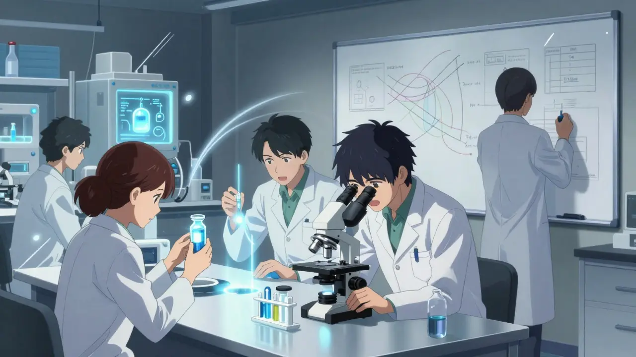 Scientists analyzing drug sample with microscope and whiteboard diagrams