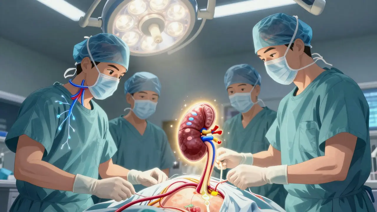 Surgeons connect a glowing kidney during transplant, with blood vessels pulsing with energy.