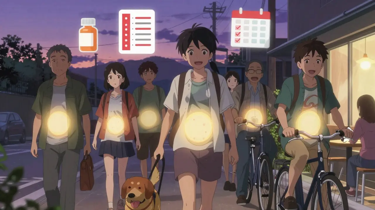 Transplant recipients live vibrant lives, each with a faint golden glow representing their new kidney.