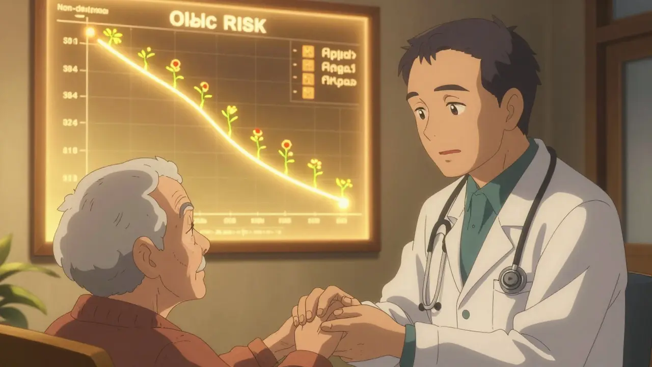 A doctor and senior sitting together, warm light surrounding them as non-drug pain treatments glow like vines around a falling opioid risk chart.