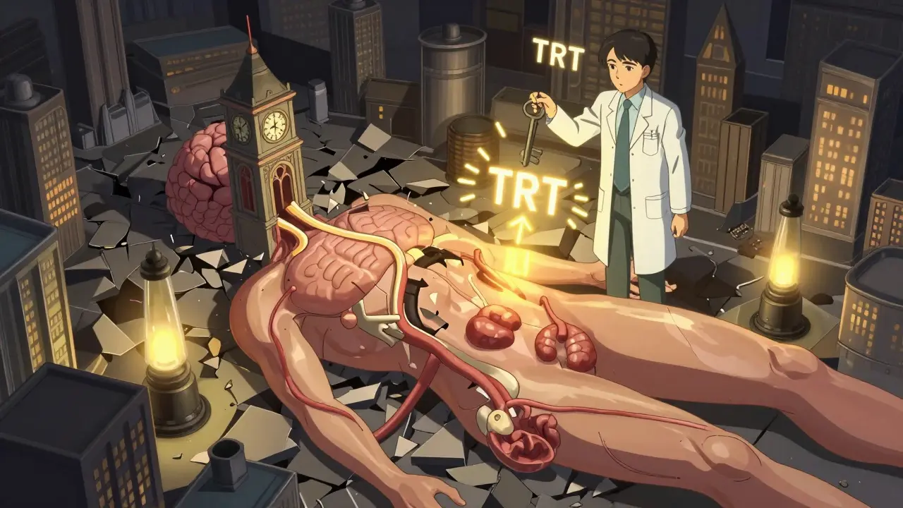 A human body as a crumbling city with failing hormone systems, reignited by a glowing key labeled 'TRT'.