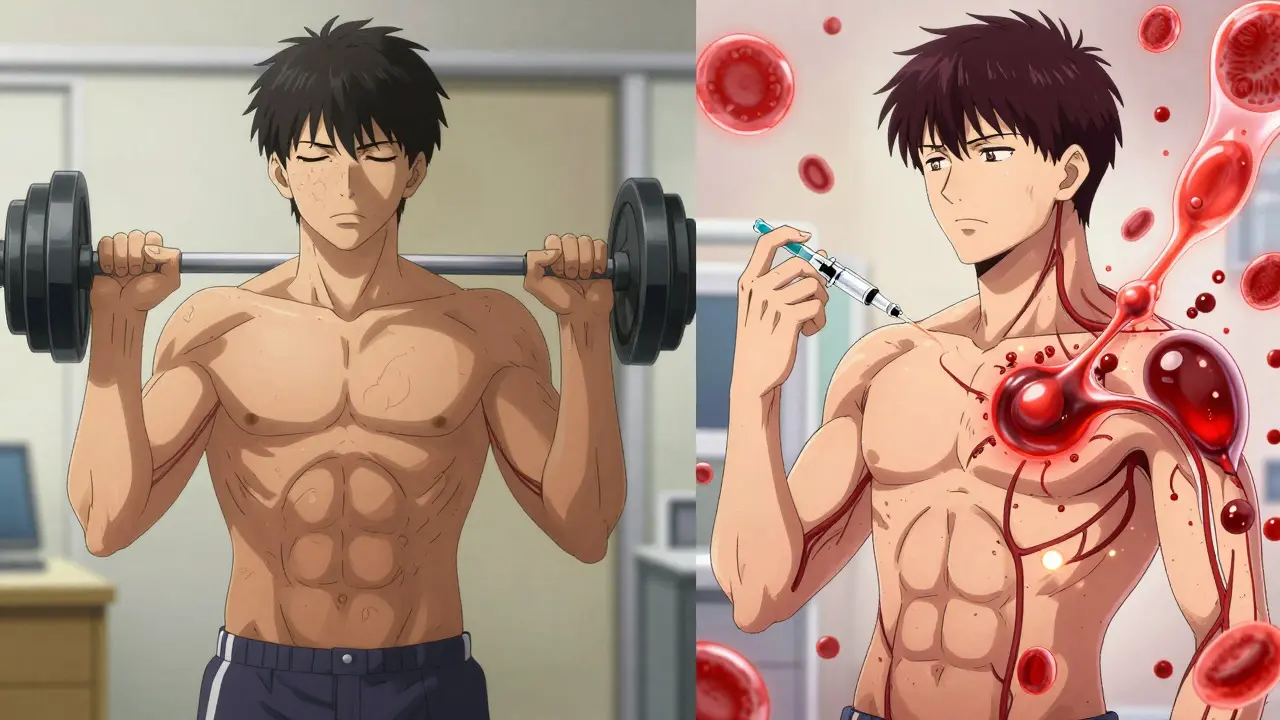 A man receiving a testosterone injection as vibrant energy flows through his body, restoring color and strength.