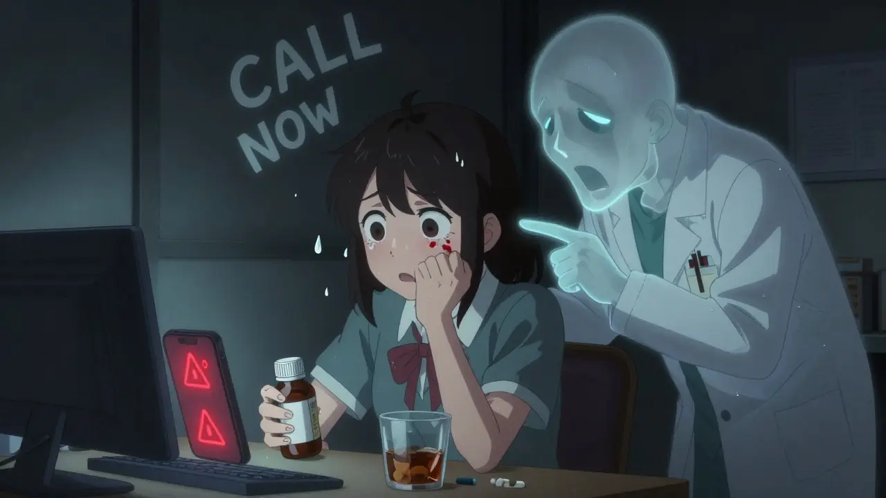 A student receives urgent guidance from a spectral Poison Control expert as a countdown timer flashes beside medication.