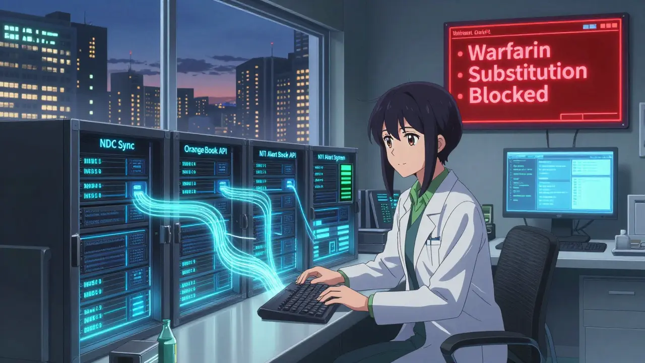 AI assistant in pharmacy server room monitoring live drug safety alerts with glowing data streams.