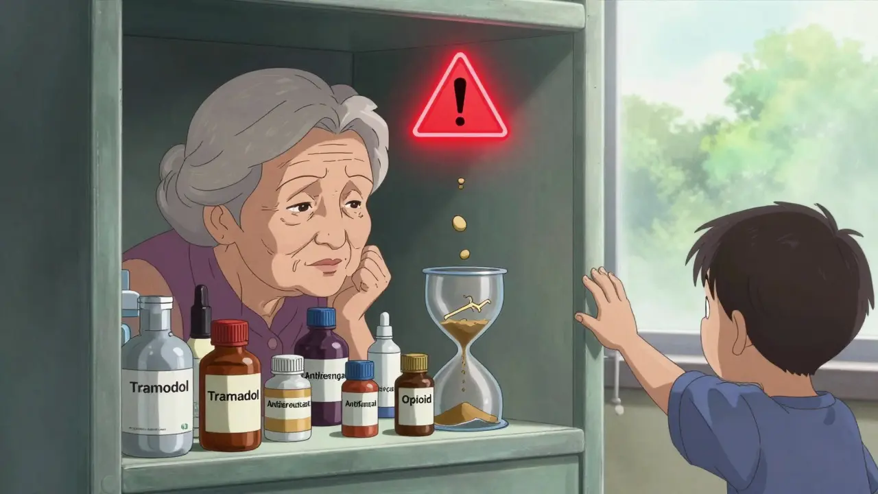 An elderly woman’s medicine cabinet overflowing with pills, a red warning symbol glowing above, while a child’s hand reaches out in concern.