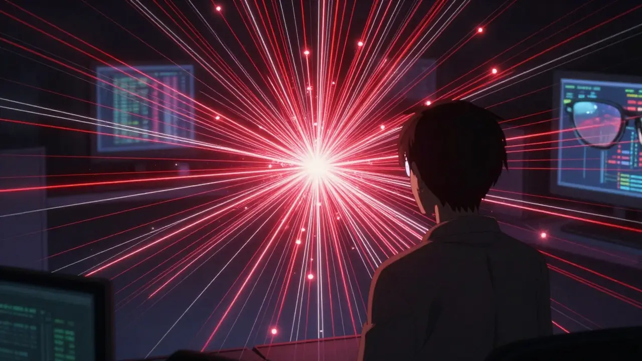 Analyst viewing glowing data threads forming a risk pattern.