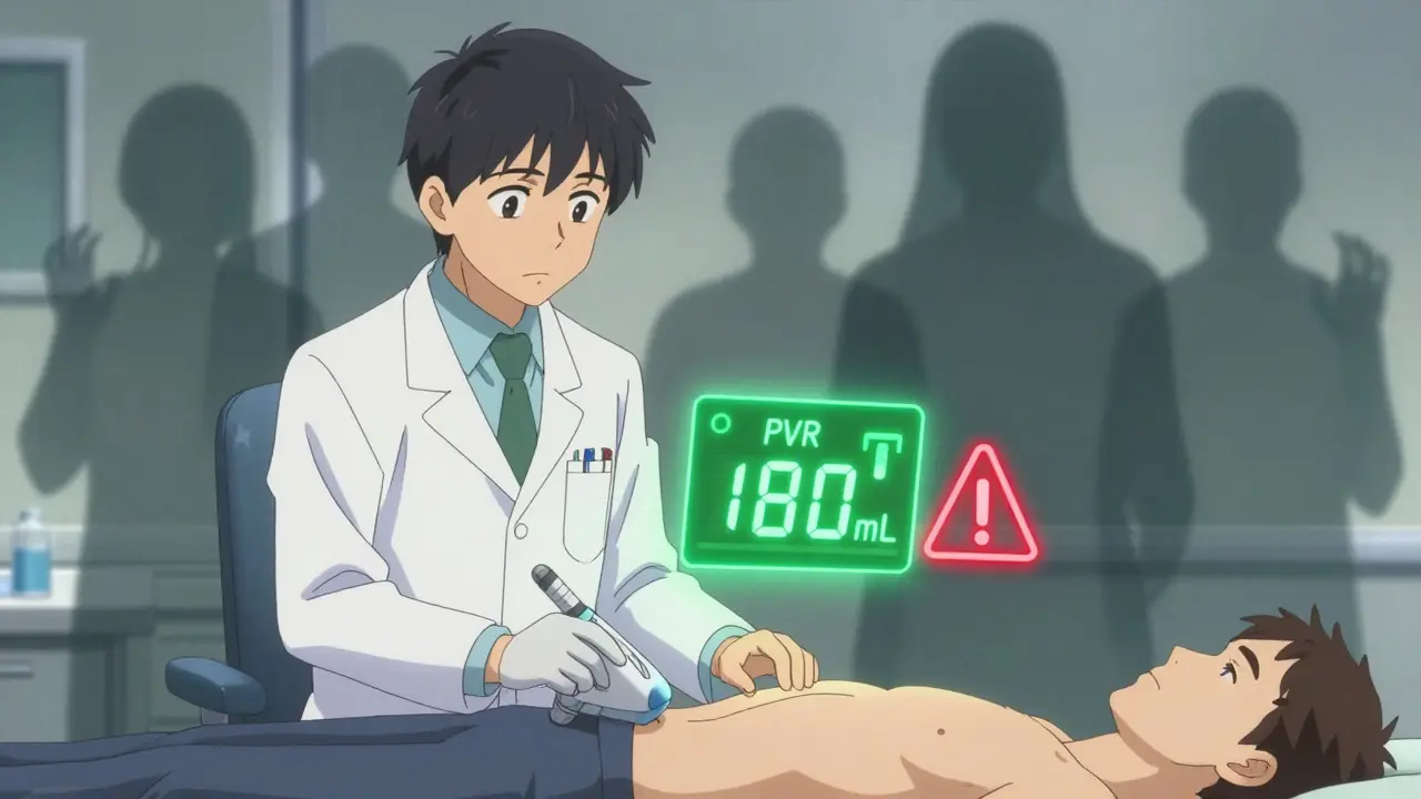 Doctor performing bladder scan with glowing 180mL reading and warning symbol, medications looming as shadows.