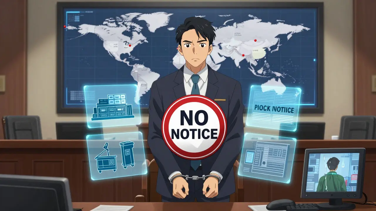 Foreign factory owner in court as holograms display blocked shipments and forfeited equipment, symbolizing FDA enforcement.