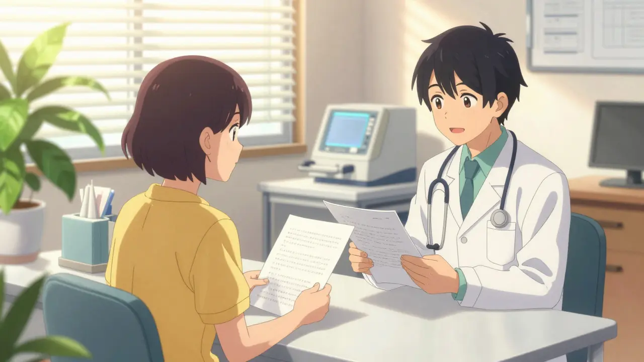 Patient consulting with doctor in a bright medical office.