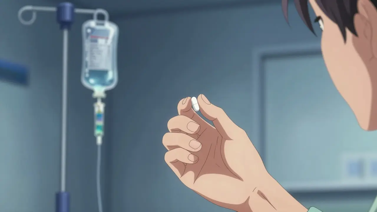 Patient hand holding pills near an IV stand in a hospital.
