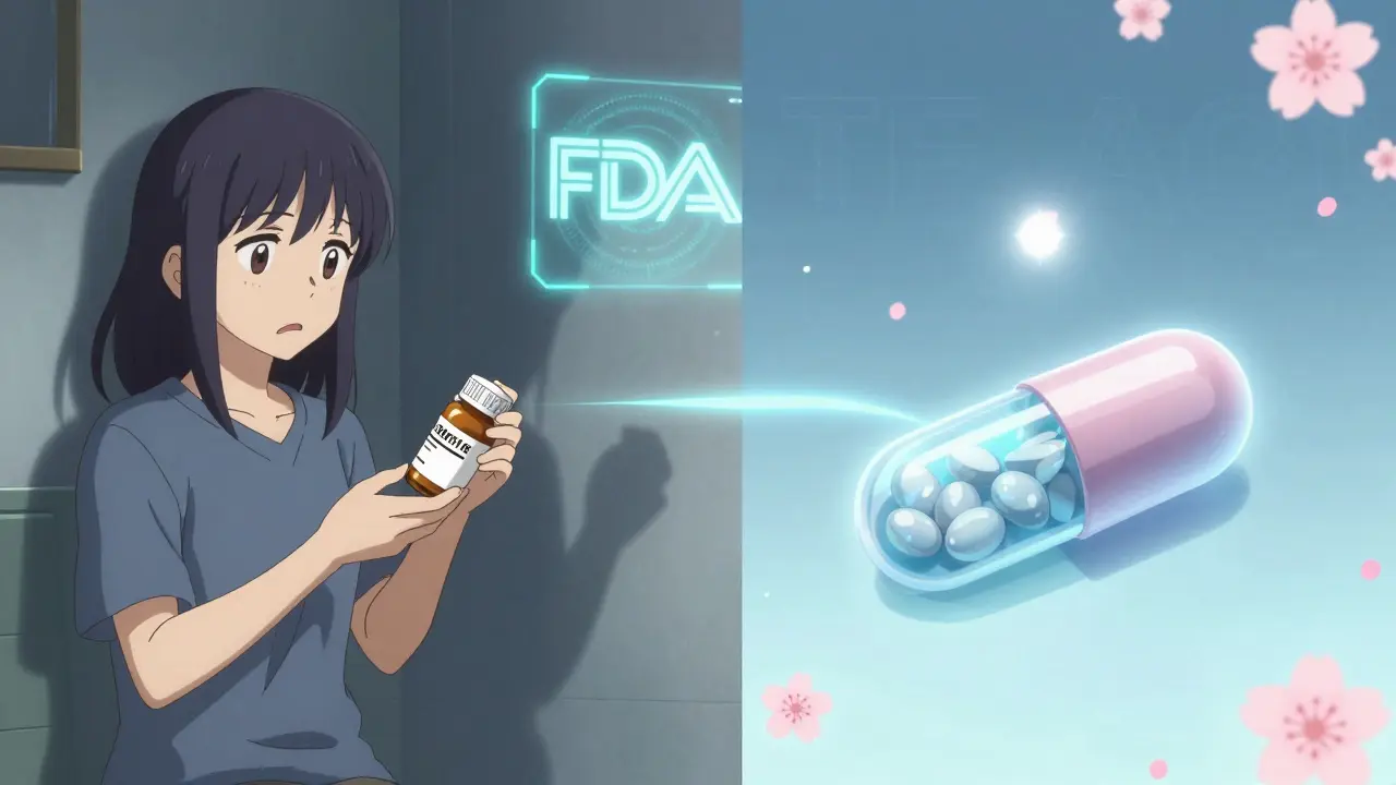 Patient holding generic pill as transparent capsule reveals identical active ingredient to brand version.
