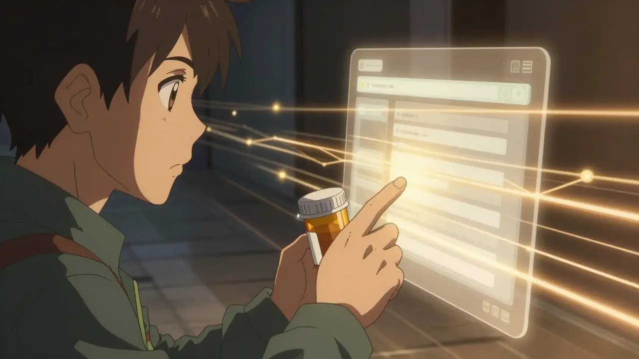 Patient reaching toward glowing interface to submit report.