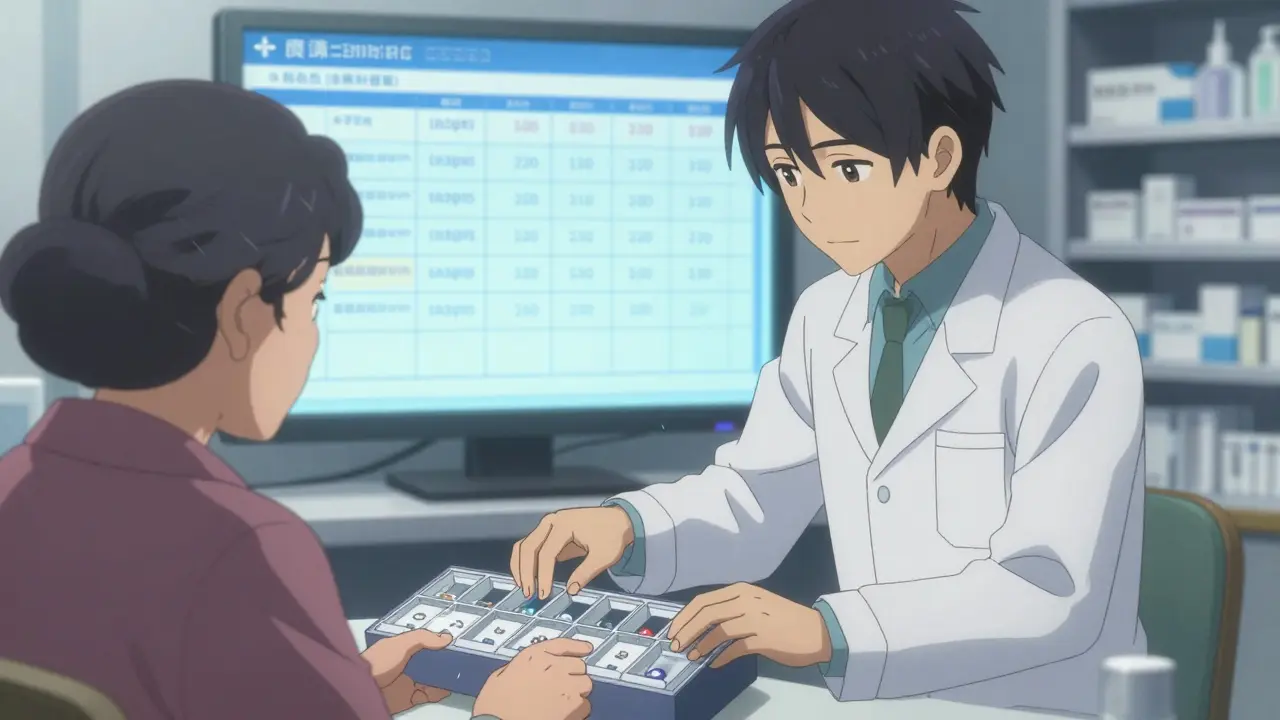 Pharmacist helping an older woman organize her weekly medication blister pack with dosing algorithm display.