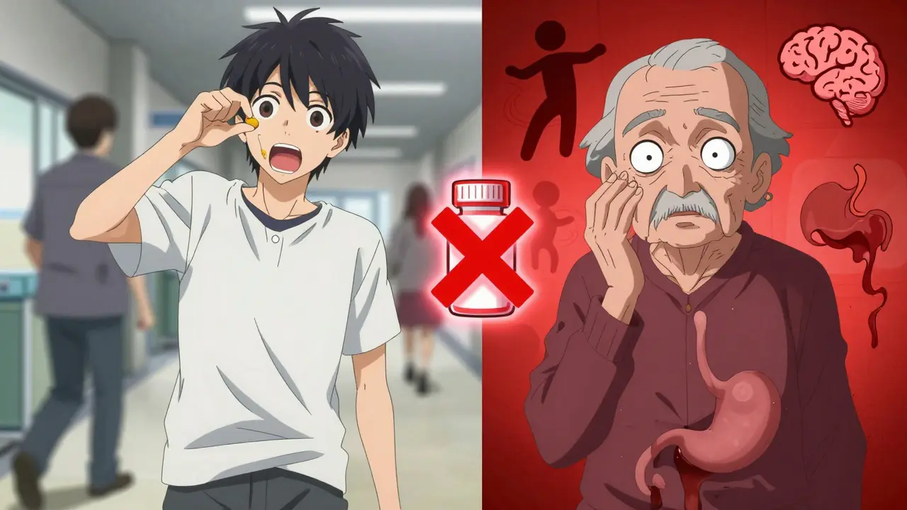 Split scene contrasting young and elderly medication responses, with warning symbols highlighting risks.