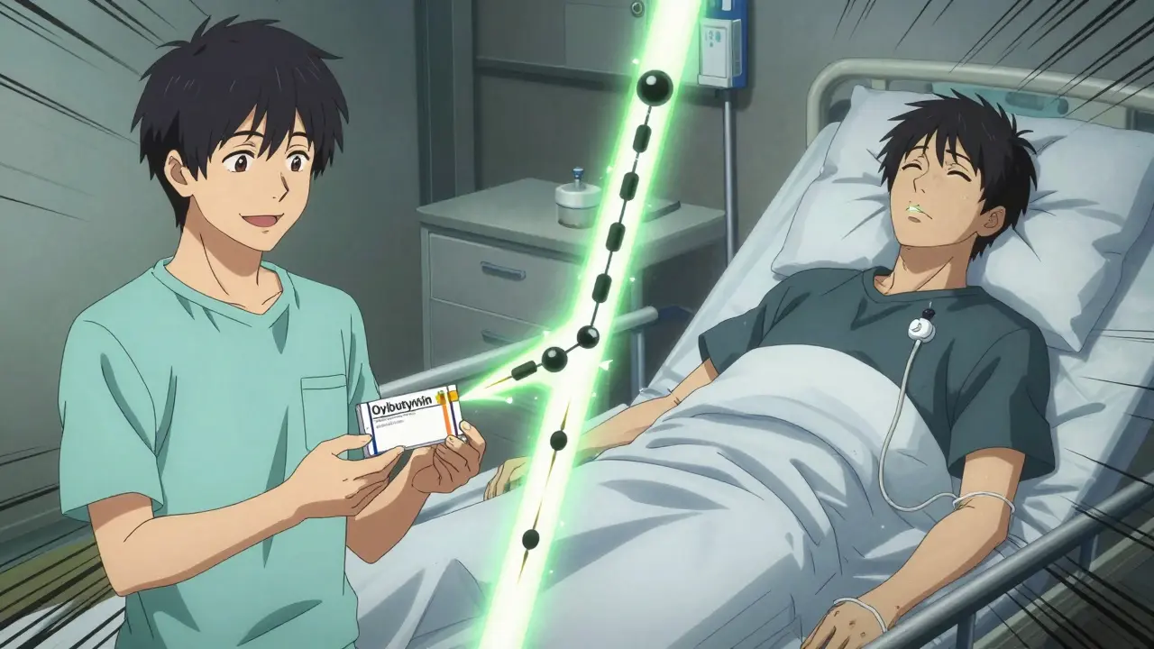 Split scene: man receiving prescription vs. hospitalized with catheter, acetylcholine signals severed by chains.