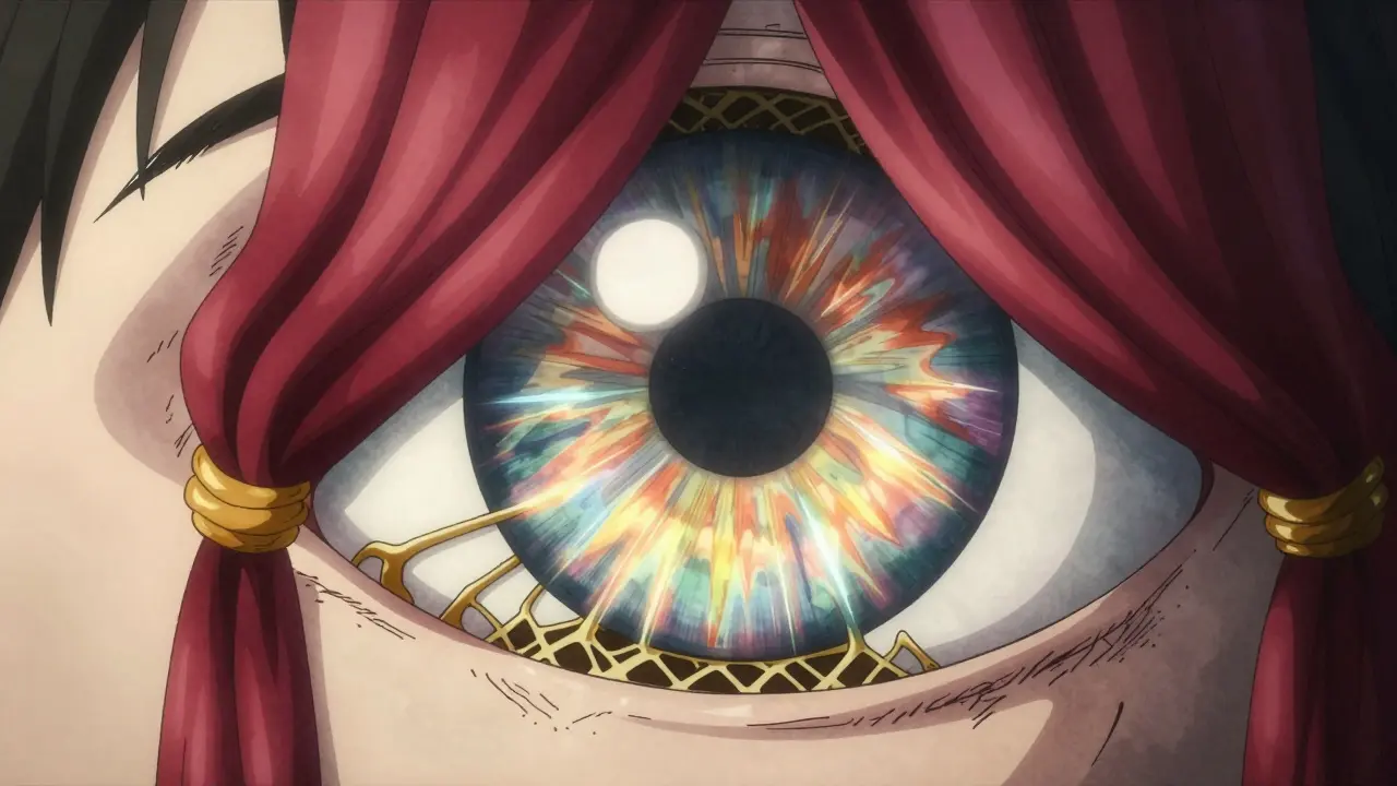 Stylized eye anatomy cross-section showing blocked drainage.