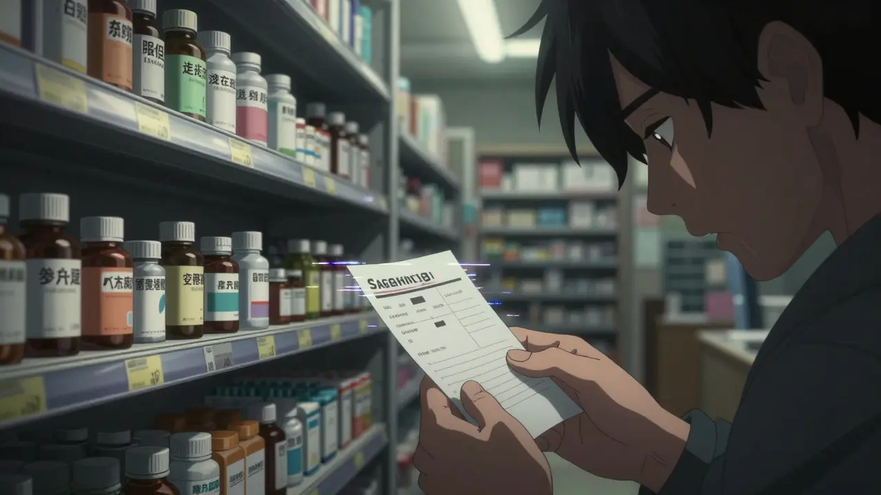 A conceptual split-screen showing foreign medications and a patient's hand holding a prescription.